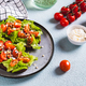 Bruschetta on rye bread with lettuce, tomatoes and sesame on a plate on the table web banner - PhotoDune Item for Sale