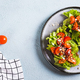 Sandwich with tomatoes and lettuce on rye bread on a plate on the table top view web banner - PhotoDune Item for Sale