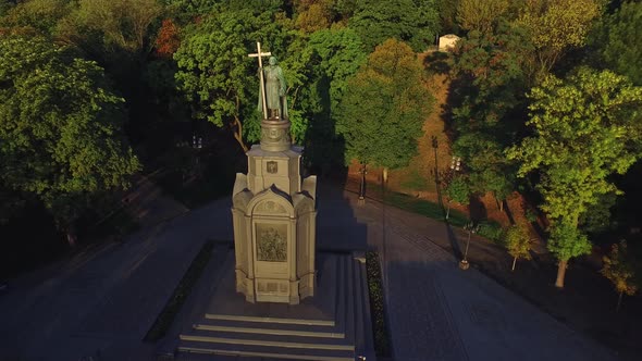 Aerial View Monument Saint Prince Vladimir with Cross in Green Park Kiev City alt
