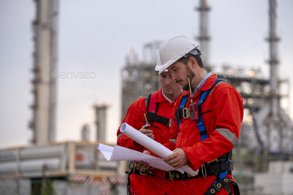 Engineer survey team wear uniform and helmet stand workplace checking ...