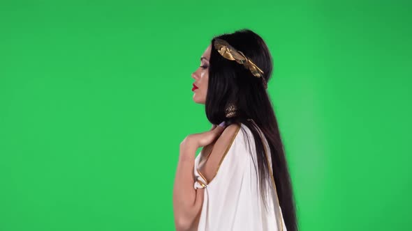 Portrait of Beautiful Woman in Greek Greece Goddes Dress and Wreath High Fashion Is Looking Straight alt