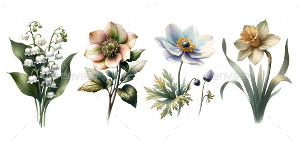 Set of Four Spring Flowers Vintage Botanical