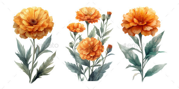 Three Marigold Flowers with Leaves Vintage