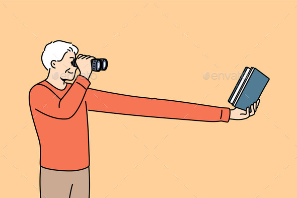 Myopic Elderly Man Uses Binoculars to Read Book