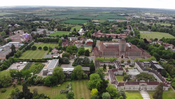 Aerial view of an impressive college conferencing by river Cam in Cambridge alt