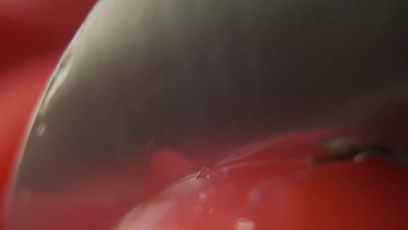 Cutting Beautiful Red Tomato Using Kitchen Knife Water Drops Macro Video alt