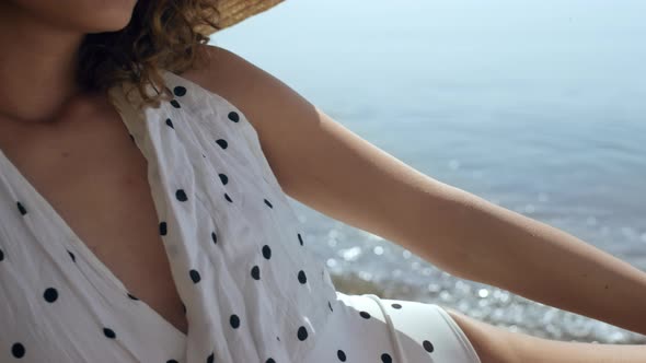 Sexy Girl Posing Beach Wearing Polka Dot Swimsuit Closeup alt