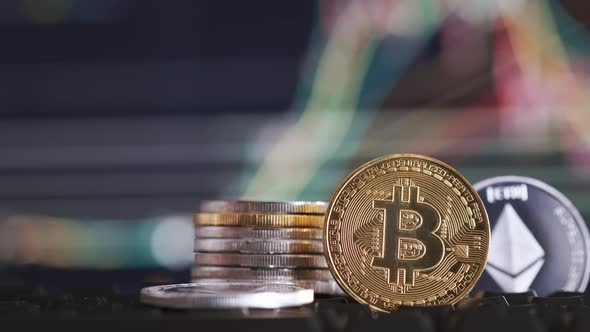 Bitcoin and Ethereum on Background Blurry Chart of Growth and Decline Cryptocurrency alt