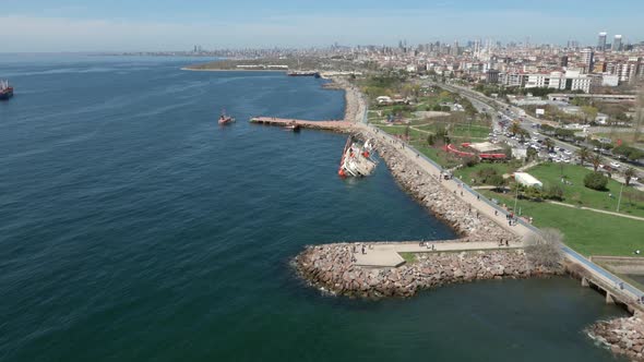 Aerial view of shipwreck and park in Maltepe, Istanbul, Turkey. alt
