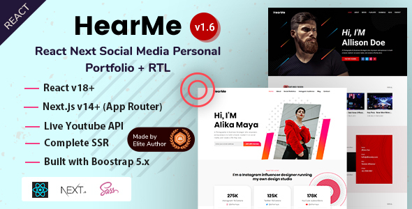 HearMe - React Nextjs 14+ Social Media Personal Portfolio Template