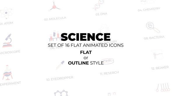 Science - Set of 16 Animated Icons Flat or Outline style