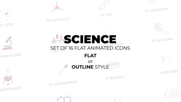 Science - Set of 16 Animated Icons Flat or Outline style Elements template preview