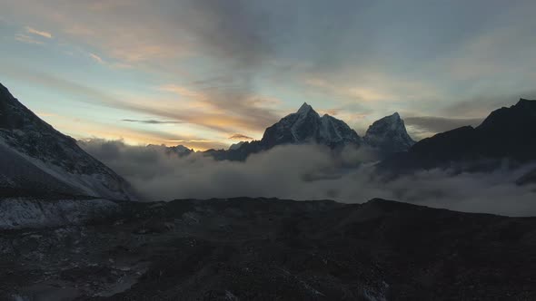 Taboche and Cholatse Mountain at Colorful Sunset, Himalaya, Nepal, Aerial View alt