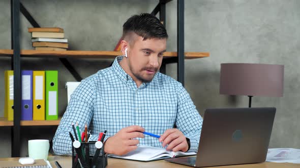 Businessman Work Online Tells Listen Employees Videocall Webcam Laptop at Office alt