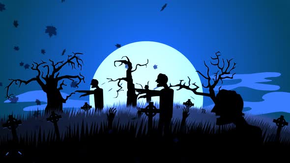 Zombie walking on the haunted, graveyard with dark silhouettes of spooky trees