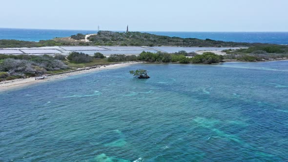 Salt pans at Isla Cabra, Montecristi in Dominican Republic. Aerial drone view alt