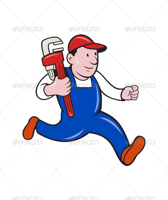 Cartoon Plumber With Monkey Wrench - People Characters