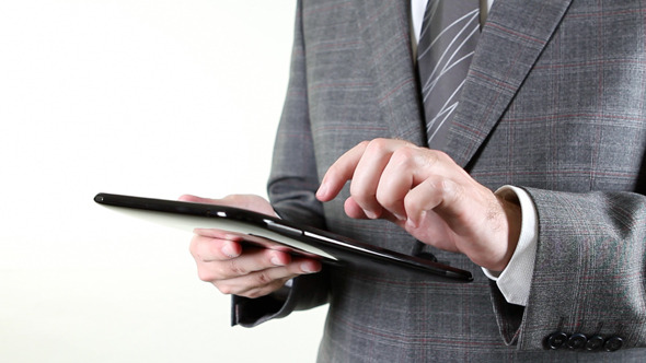 Business Man Touching Tablet Pc Sensitive Screen