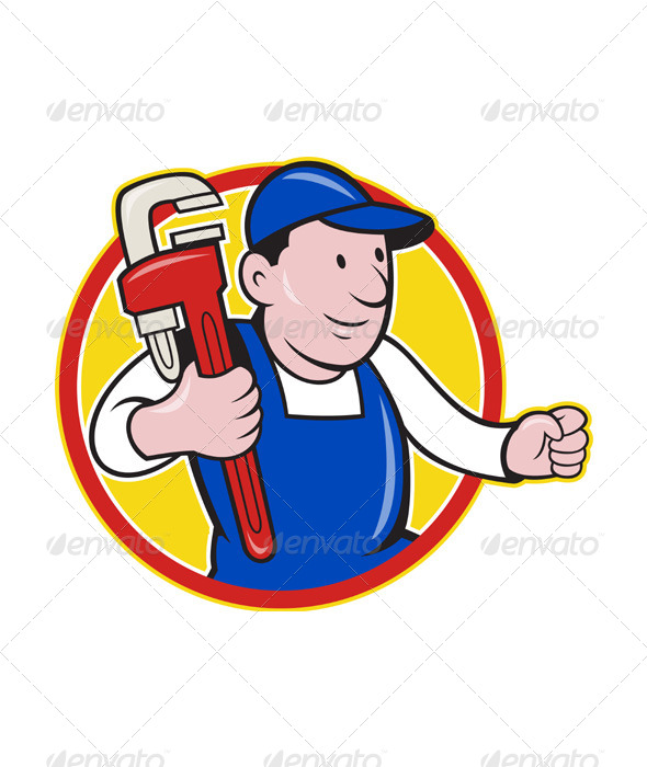 Plumber With Monkey Wrench Cartoon - People Characters