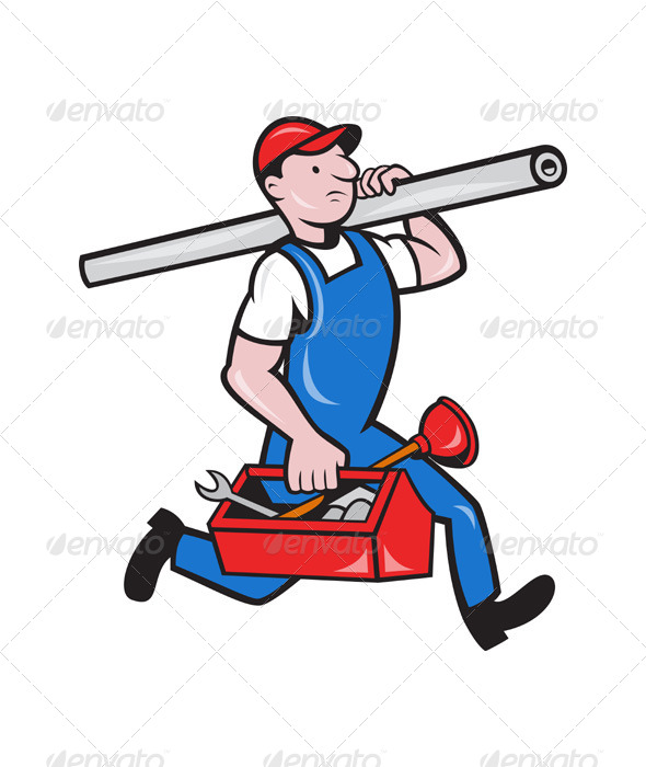 Plumber with Pipe Toolbox Cartoon - People Characters