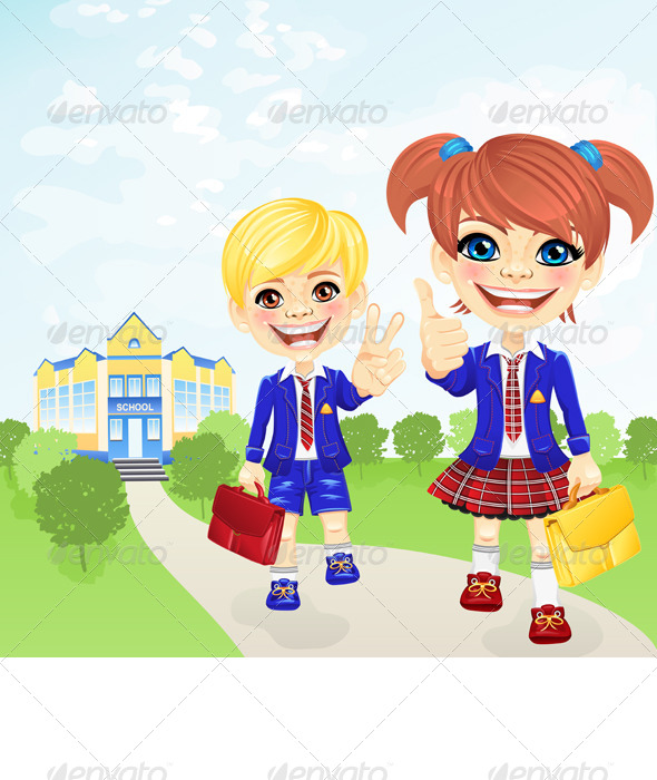 Vector School Girl and Boy near School - People Characters