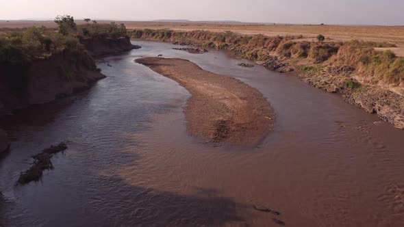 Aerial of Mara river in Masai Mara alt