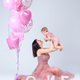 family: mother and child on a white background with the number one and balloons. Little girl&#39;s birth - PhotoDune Item for Sale