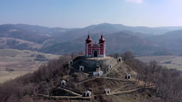 Aerial view of Calvary in Banska Stiavnica, Slovakia alt