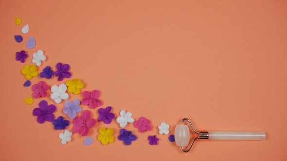 Flowers Appear After Quartz Roller Facial Massager. Blooming Beauty Concept. Stop Motion Animation alt