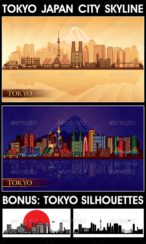 Tokyo Japan City Skyline Silhouettes Set - Buildings Objects