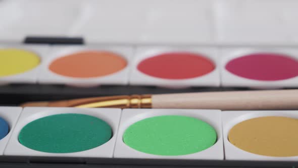 Brushes and Watercolor Paints on a White Background alt