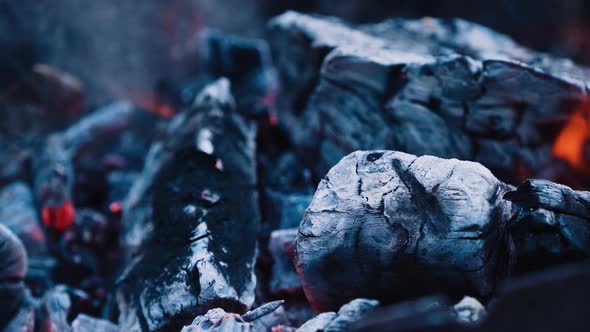 Dry wood logs burning in slow motion. Smoldering and burning firewood with ash. alt