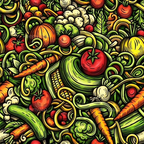 [DOWNLOAD]Vegetables Cartoon Vector Doodle Seamless Pattern