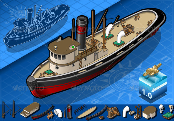 Isometric Old Tugboat - Objects Vectors
