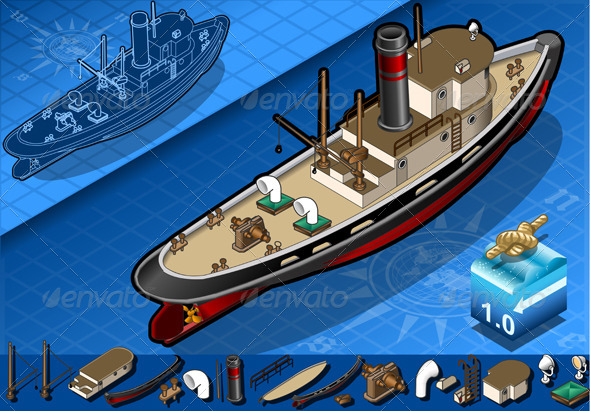 Isometric Old Tugboat - Objects Vectors