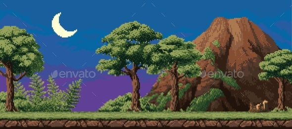 [DOWNLOAD]8 Bit Pixel Night Tropical Forest with Mountain