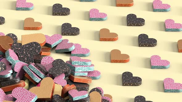 Axonometric view of hearts with textures and word LOVE, hearts falling from the sky and bouncing