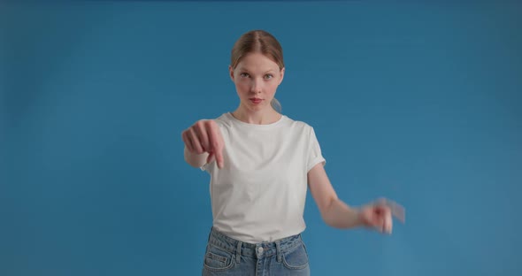 Woman Pointing Fingers Seriously Looking at Camera Strict Leader Controlling Work Process alt