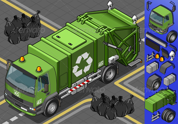 Isometric Garbage Truck in Front View - Objects Vectors