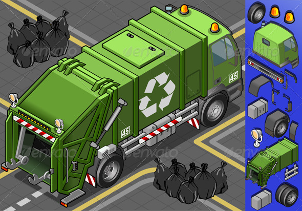 Isometric Garbage Truck in Rear View - Objects Vectors