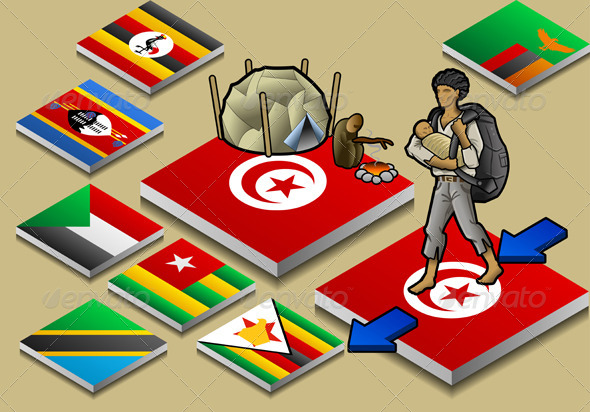 Isometric Emigration and Refugee Camp on Button - Conceptual Vectors