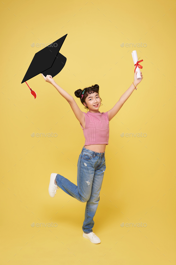 Happy Smiling Young Asian Student Elementary School Girl Holding 