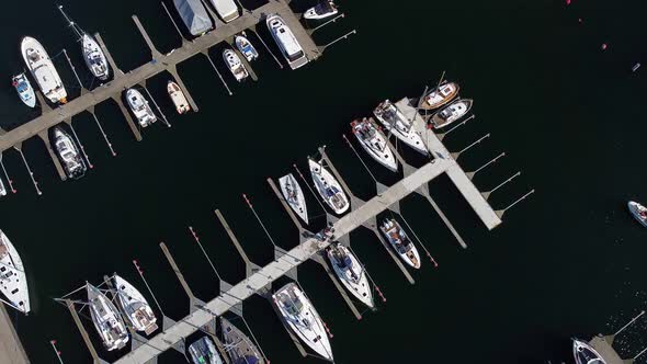 Marine parking berth with yachts. Flight from above on a drone in the port of Gdynia