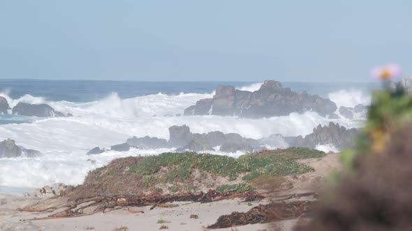 Big Huge Stormy Sea Waves Crashing on Rocky Craggy Beach California Ocean Coast