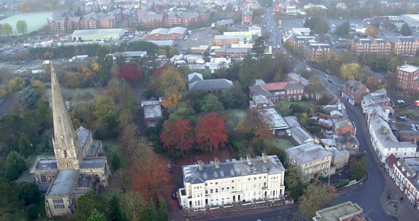 Aerial POI of All Saints church, and Leighton Buzzard town, UK alt