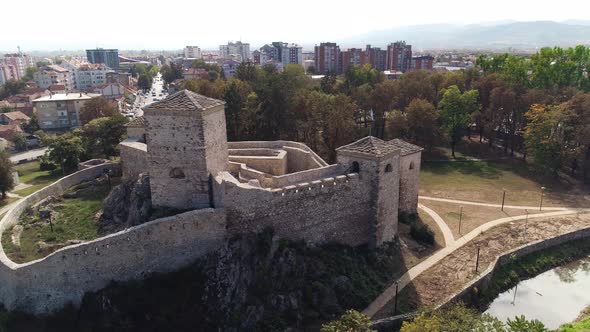 Small medieval fortress town behind drone shot Pirot, Serbia