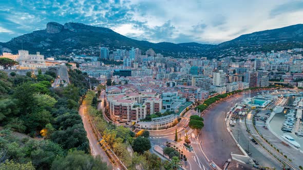 Panorama of Monte Carlo Day To Night Timelapse From the Observation Deck in the Village of Monaco alt
