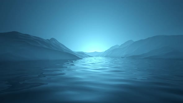 Blue Hazy 3D Rendered Terrain Landscape with Looping Calm Water