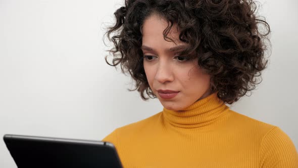 Close Up Woman Freelancer Uses Tablet Tapping and Scrolling Screen Display alt