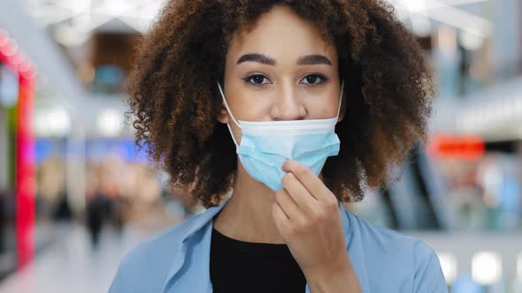 Portrait Responsible Sick African American Woman Girl Lady with Curly Hair Looking at Camera Waving alt